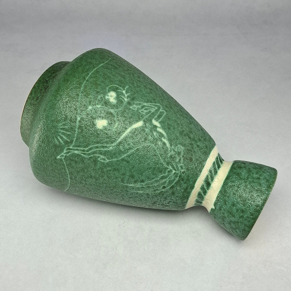 Gmundner Keramik Sage Green Sgraffito Gazelle Stoneware Vase
