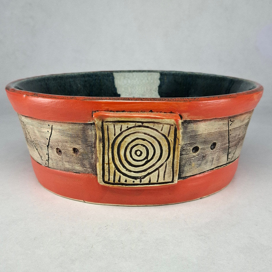 Studio Pottery Terracotta and Teal Geometric Bowl Signed Lisa