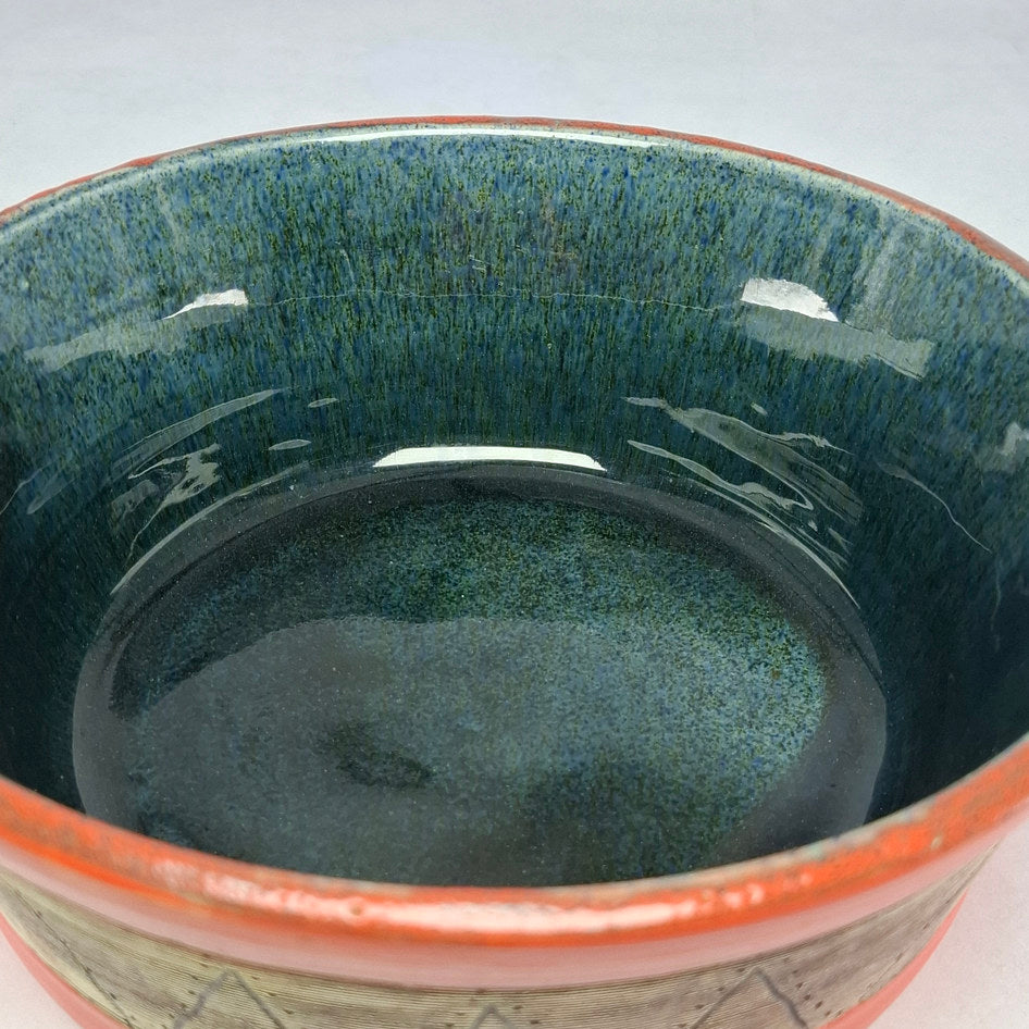 Studio Pottery Terracotta and Teal Geometric Bowl Signed Lisa