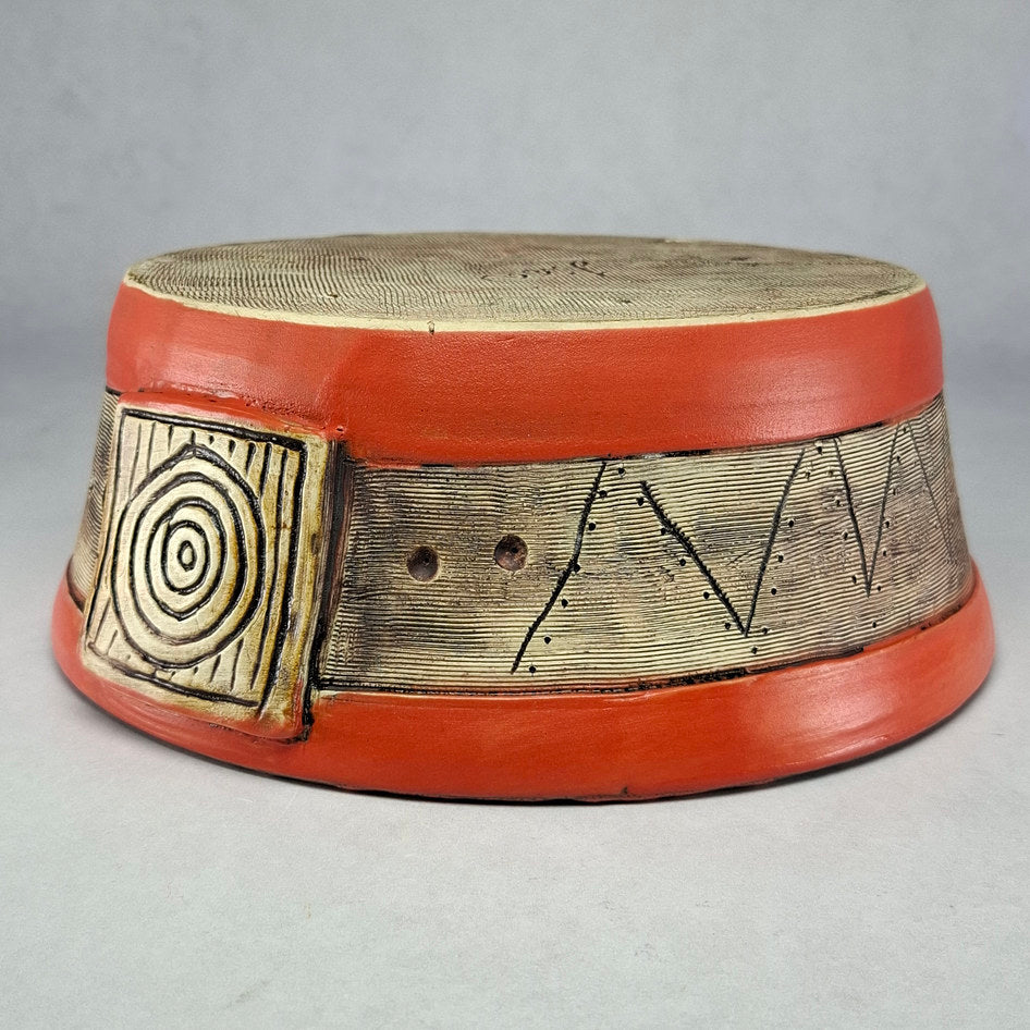 Studio Pottery Terracotta and Teal Geometric Bowl Signed Lisa