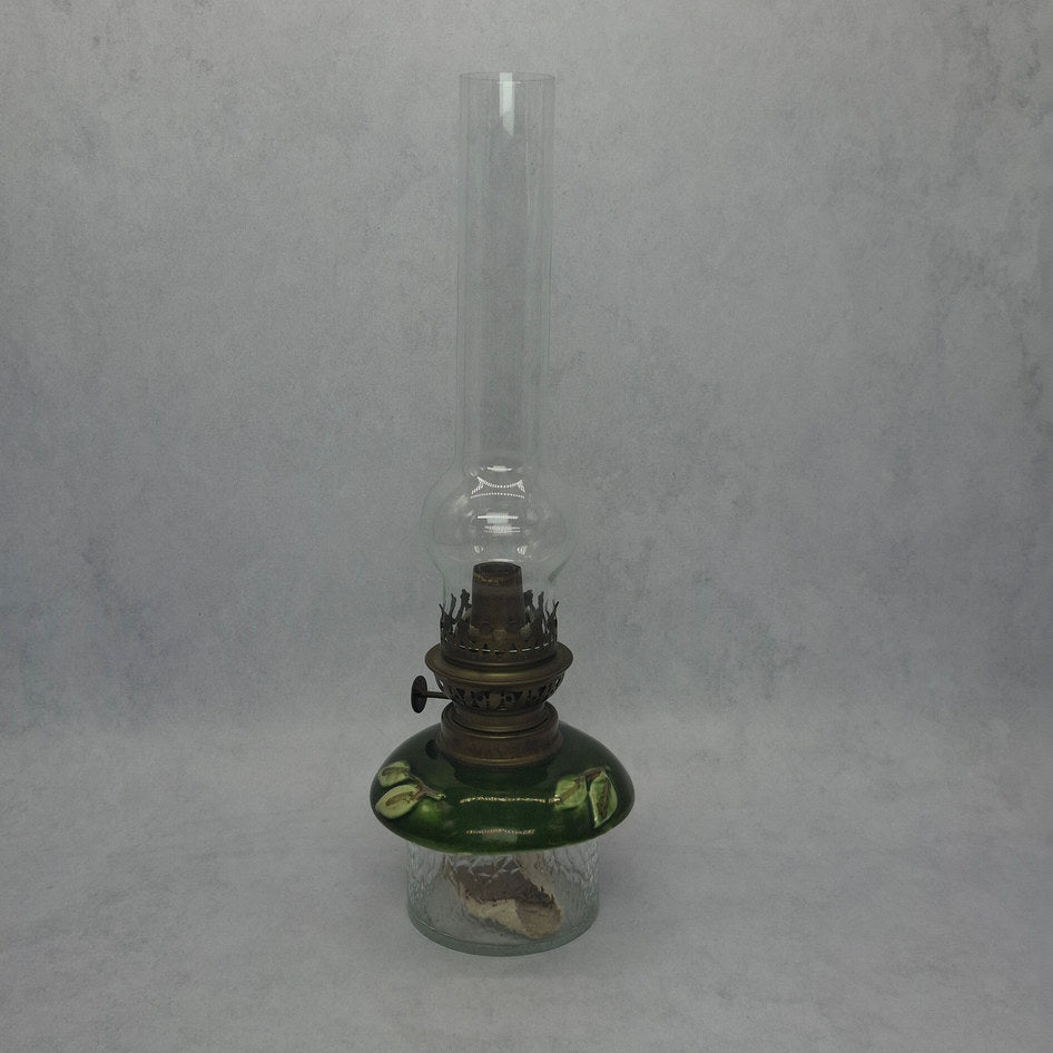 Antique Brass Kerosene Oil Lamp with Green Majolica Ceramic Cover and Glass Base