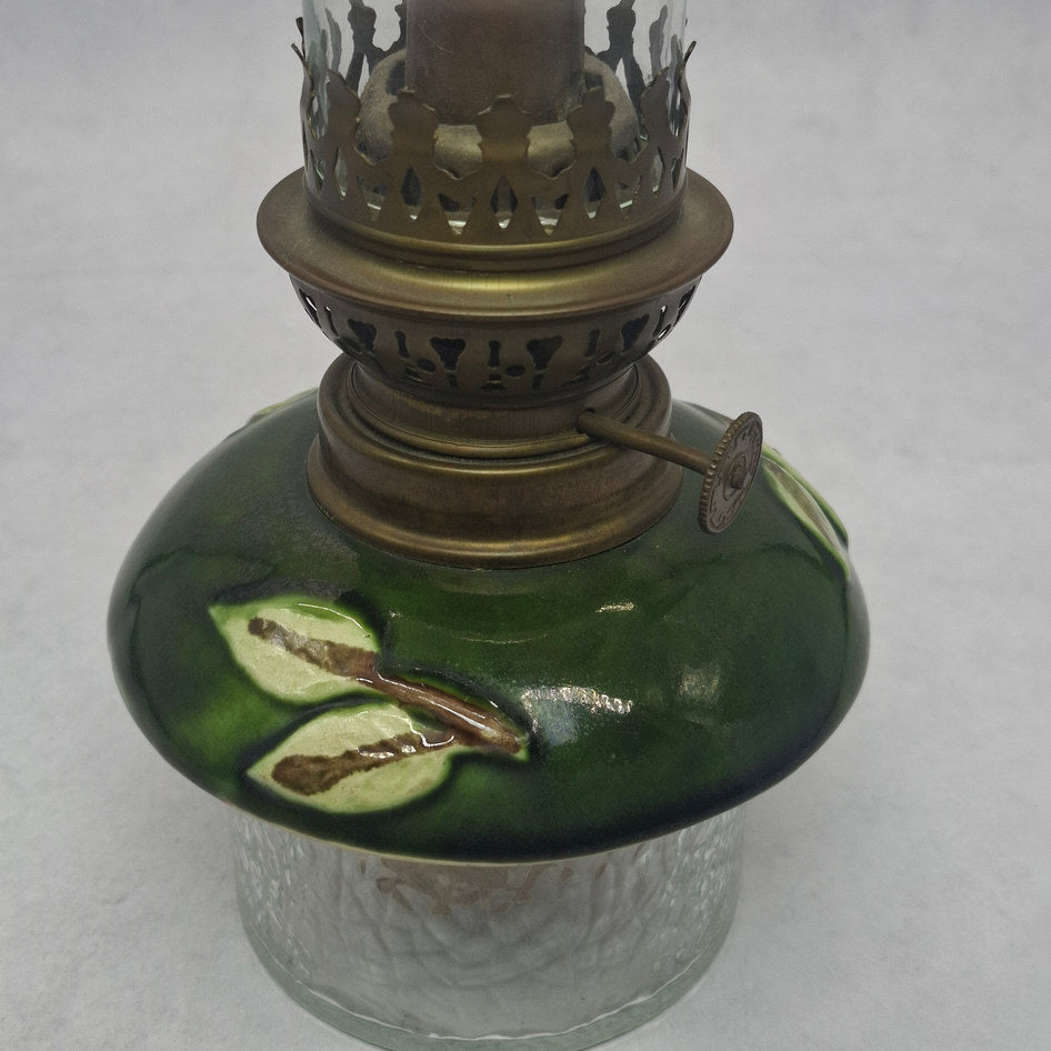 Antique Brass Kerosene Oil Lamp with Green Majolica Ceramic Cover and Glass Base