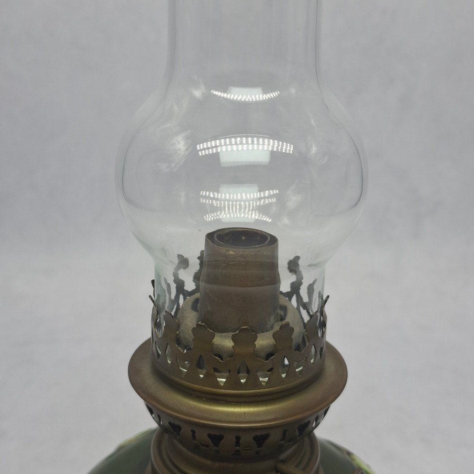Antique Brass Kerosene Oil Lamp with Green Majolica Ceramic Cover and Glass Base