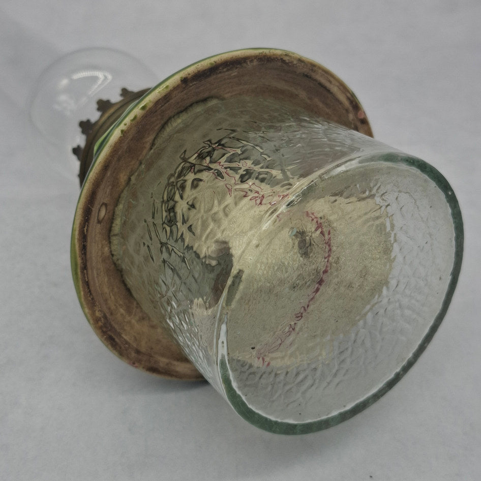 Antique Brass Kerosene Oil Lamp with Green Majolica Ceramic Cover and Glass Base