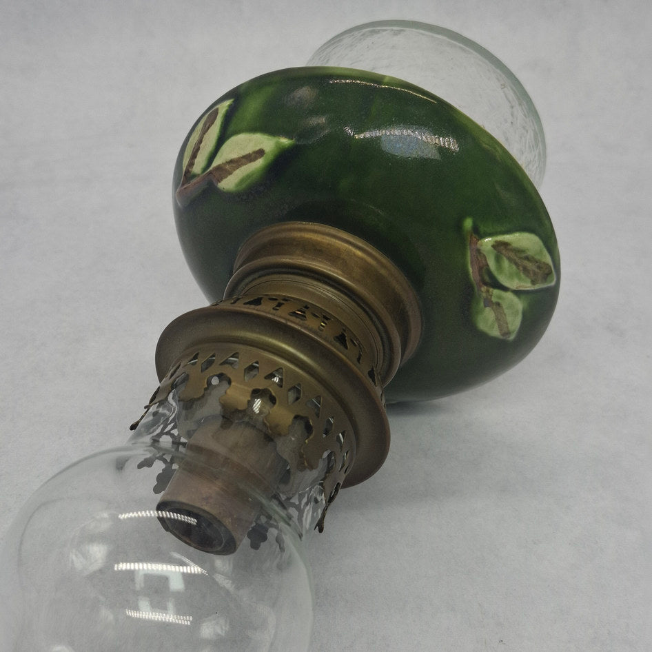 Antique Brass Kerosene Oil Lamp with Green Majolica Ceramic Cover and Glass Base