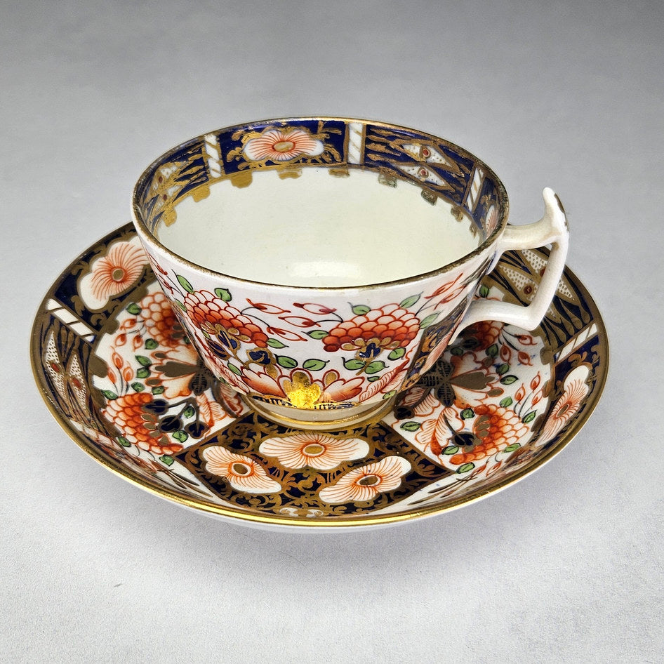 King Street Derby Imari cup and saucer with gilt floral panels