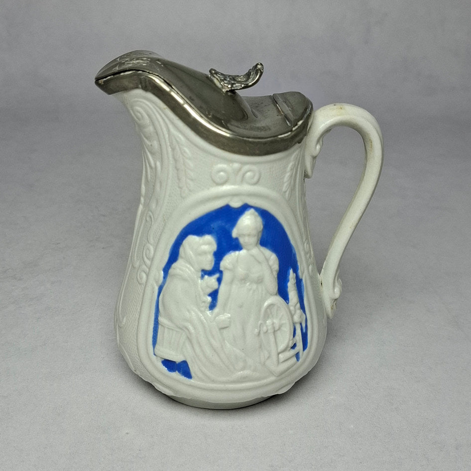 Antique English Blue and White Parian Ware Jug with Metal Lid