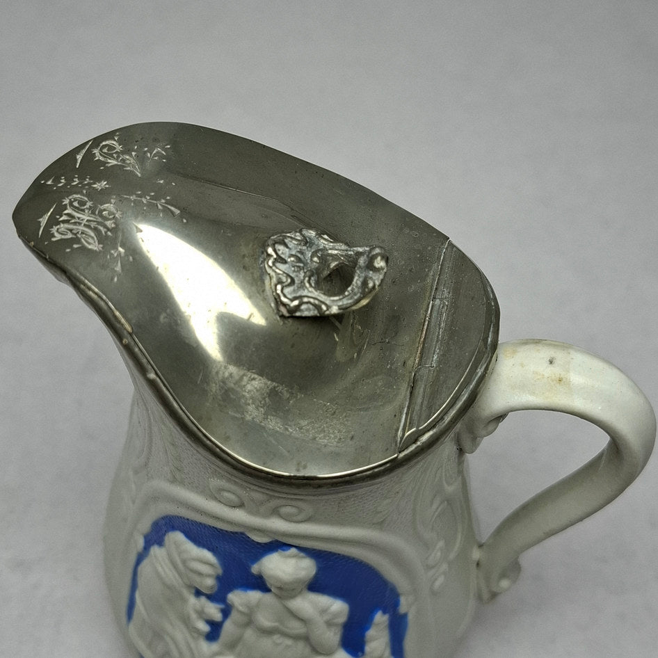 Antique English Blue and White Parian Ware Jug with Metal Lid