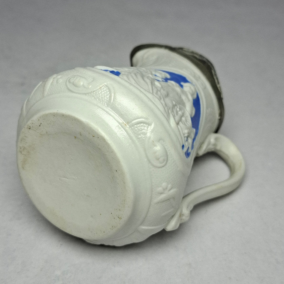 Antique English Blue and White Parian Ware Jug with Metal Lid