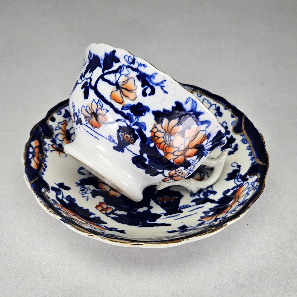 Overhead view of flow blue cup and saucer