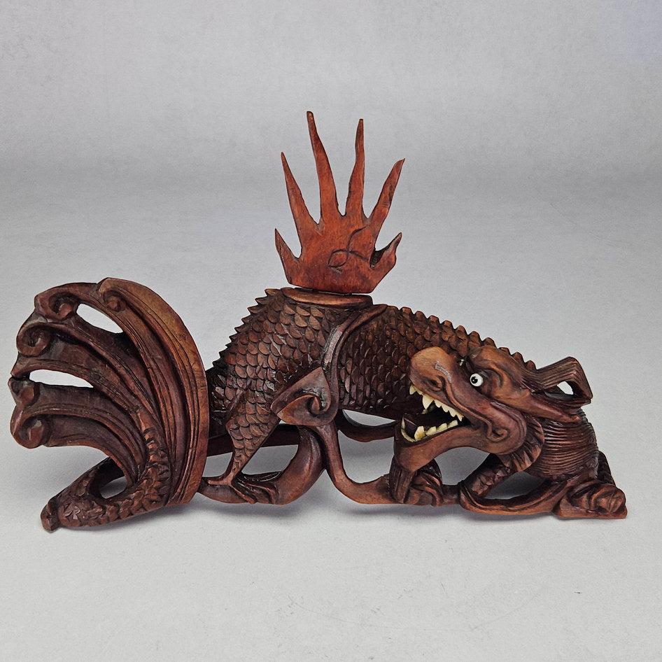 Antique Hand-Carved Rosewood Dragon Incense Burner Sculpture