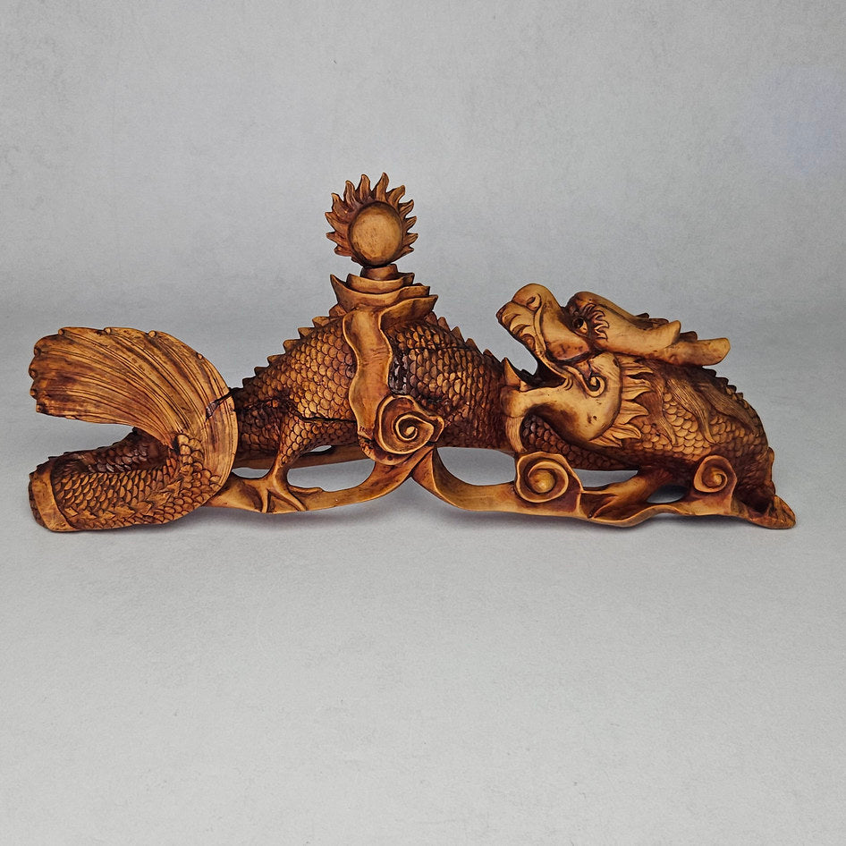 Antique Hand-Carved Wooden Water Dragon Incense Burner Sculpture