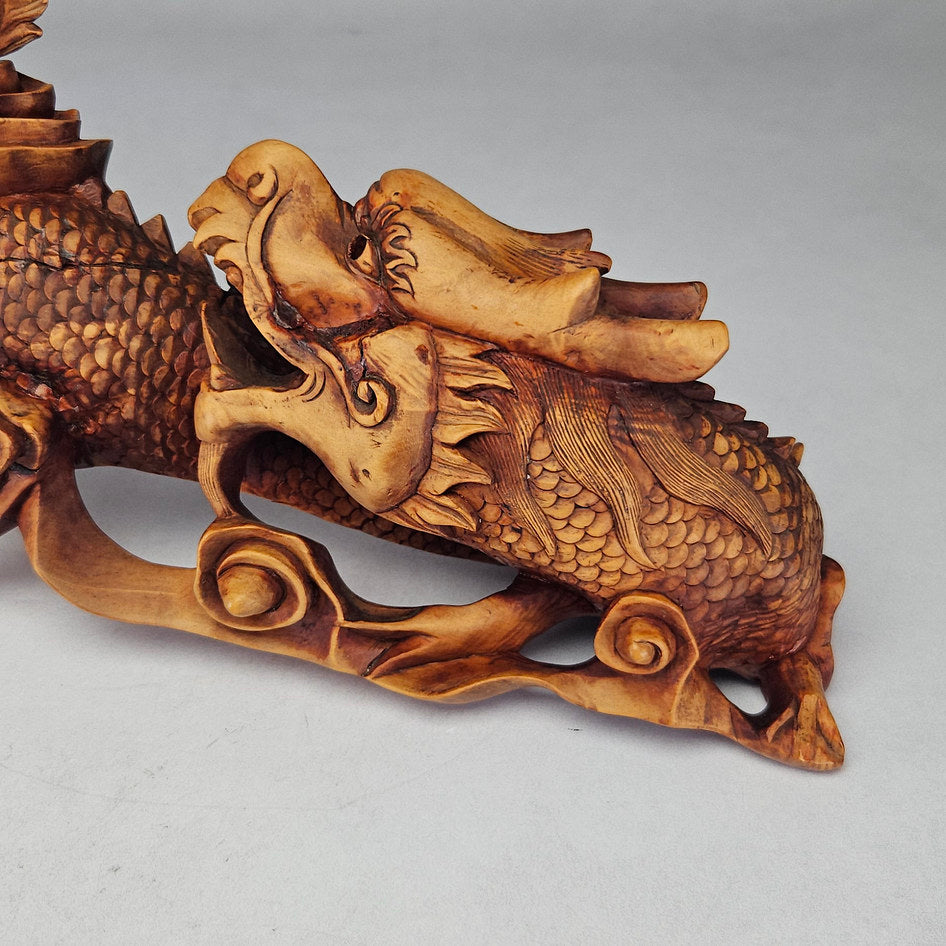 Antique Hand-Carved Wooden Water Dragon Incense Burner Sculpture