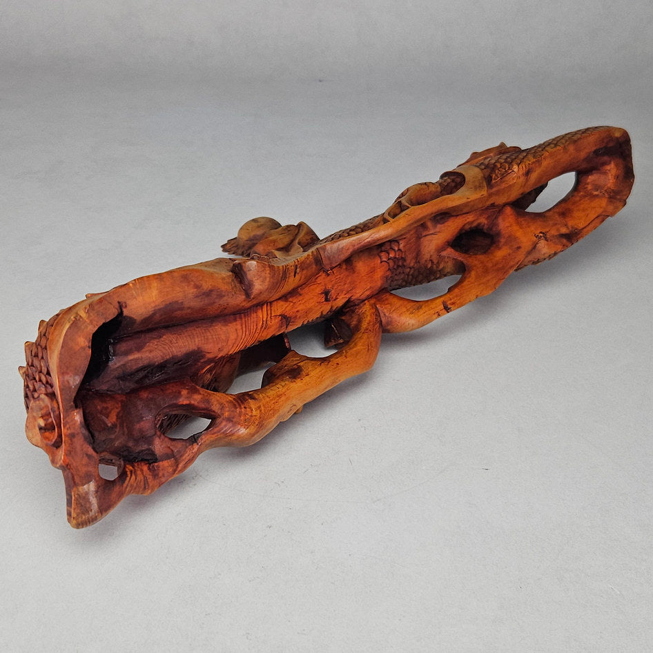 Antique Hand-Carved Wooden Water Dragon Incense Burner Sculpture