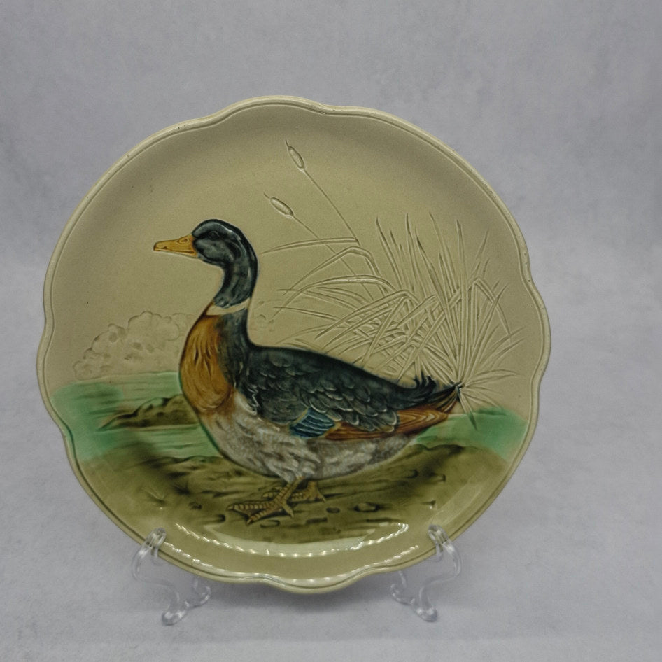 Antique Majolica Scalloped Display Plate with Game Bird Relief