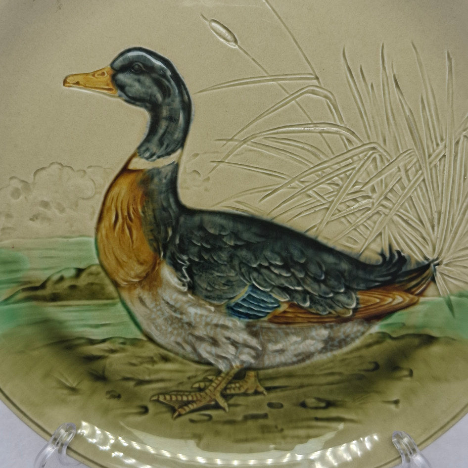 Antique Majolica Scalloped Display Plate with Game Bird Relief