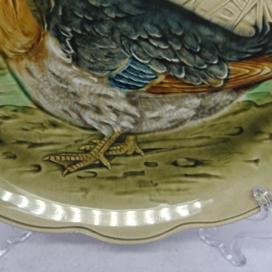 Antique Majolica Scalloped Display Plate with Game Bird Relief
