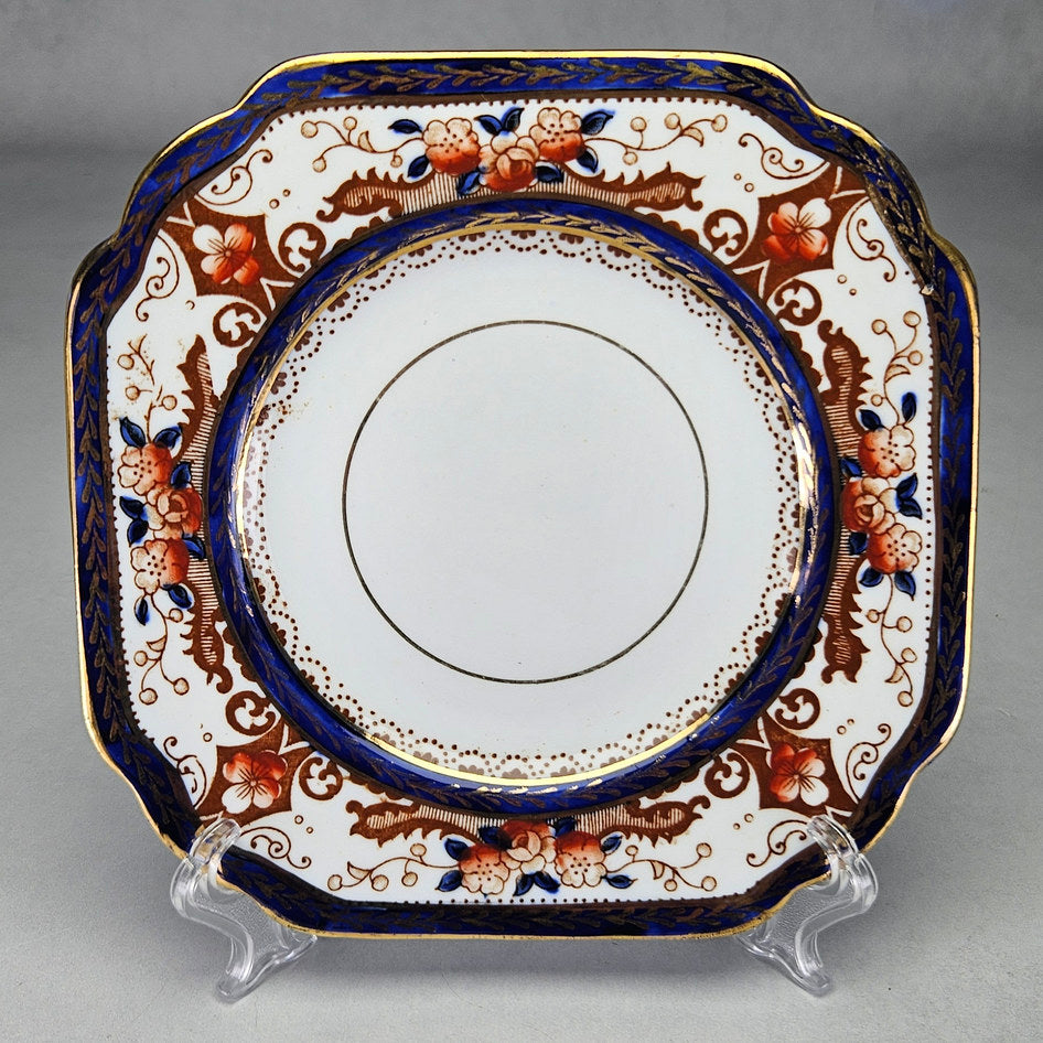 Melba square Imari side plate showing cobalt red and gilt flowers