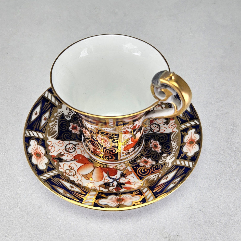 Overhead view of repaired Derby cup and patterned saucer