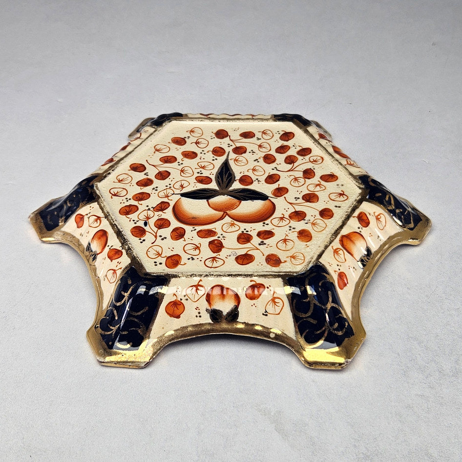 Victorian Imari teapot stand with orange fruit and cobalt panels