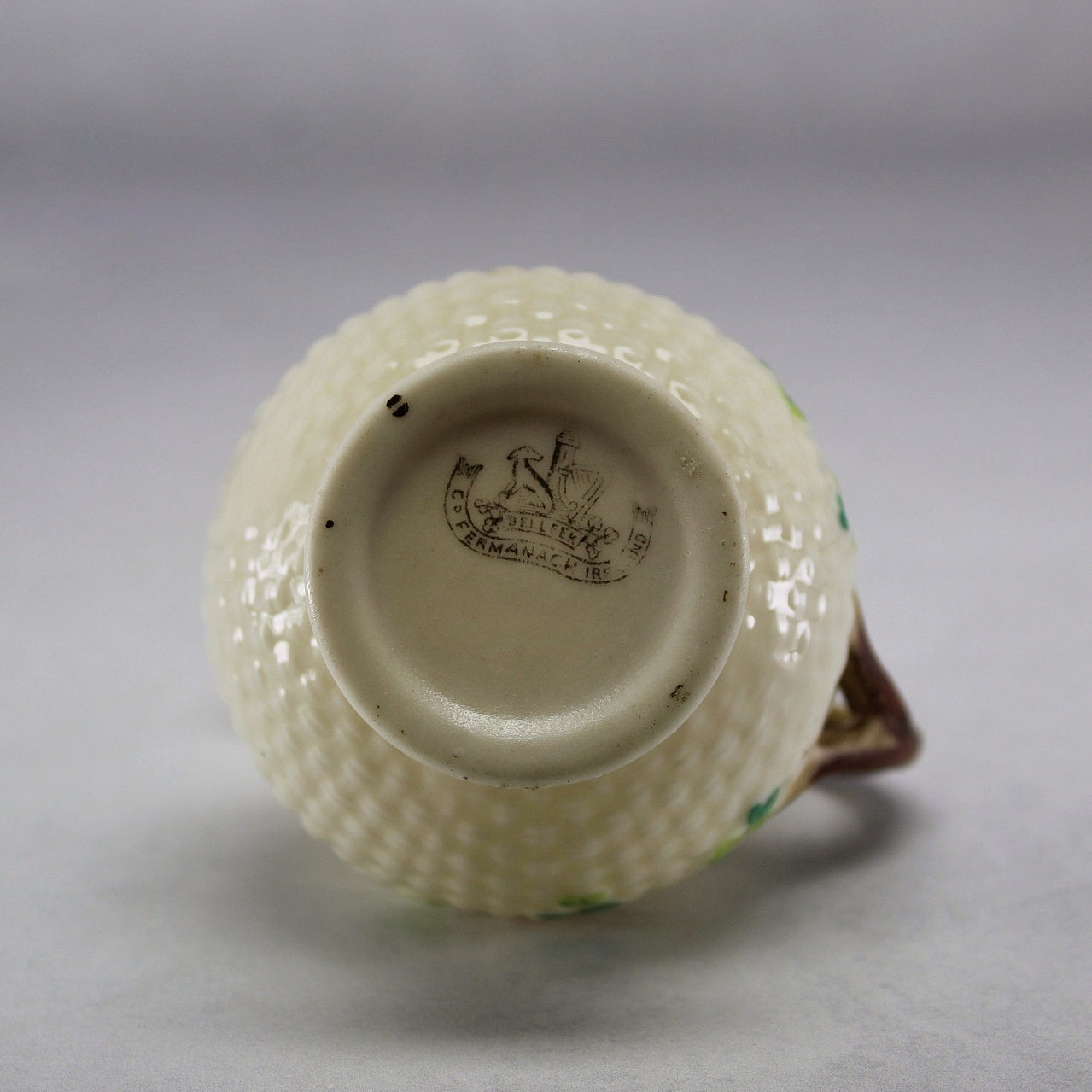 Belleek Ireland Cream Basket Weave Creamer with Green Shamrocks (Second Mark) II
