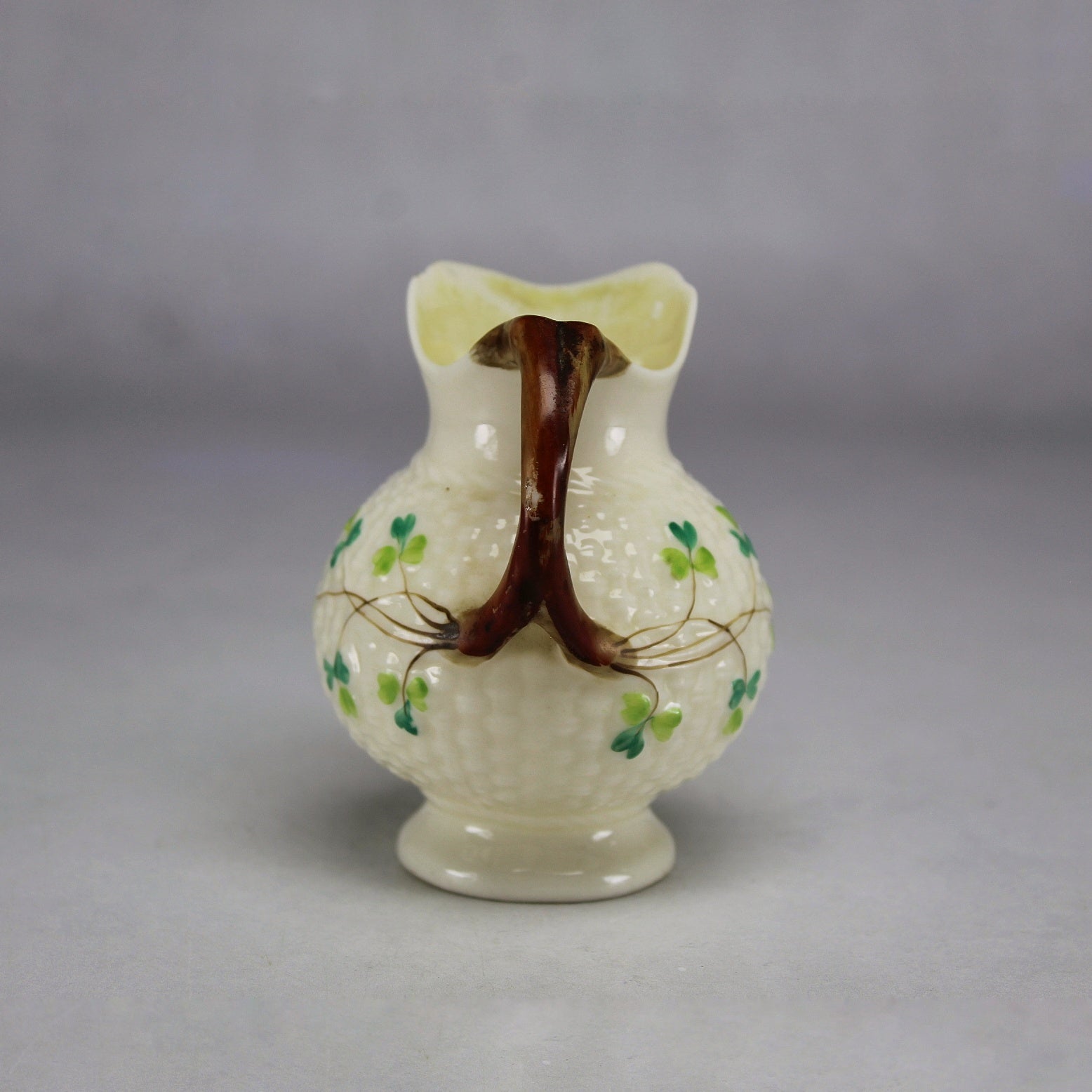 Belleek Ireland Cream Basket Weave Creamer with Green Shamrocks (Second Mark) II