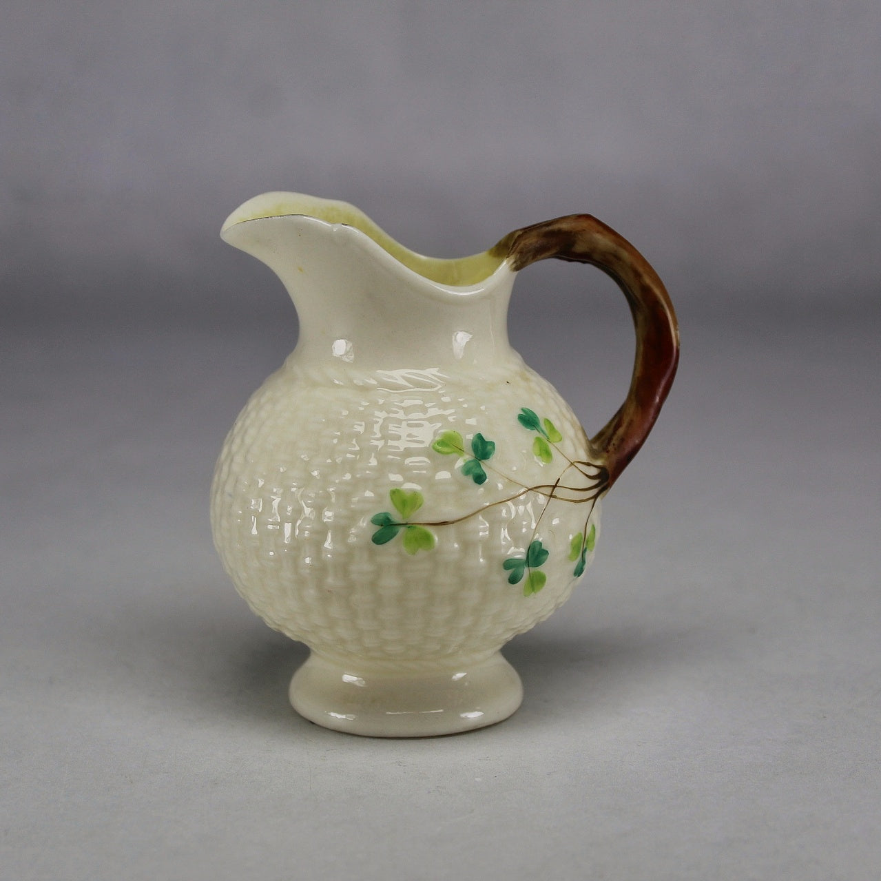Belleek Ireland Cream Basket Weave Creamer with Green Shamrocks (Second Mark) II