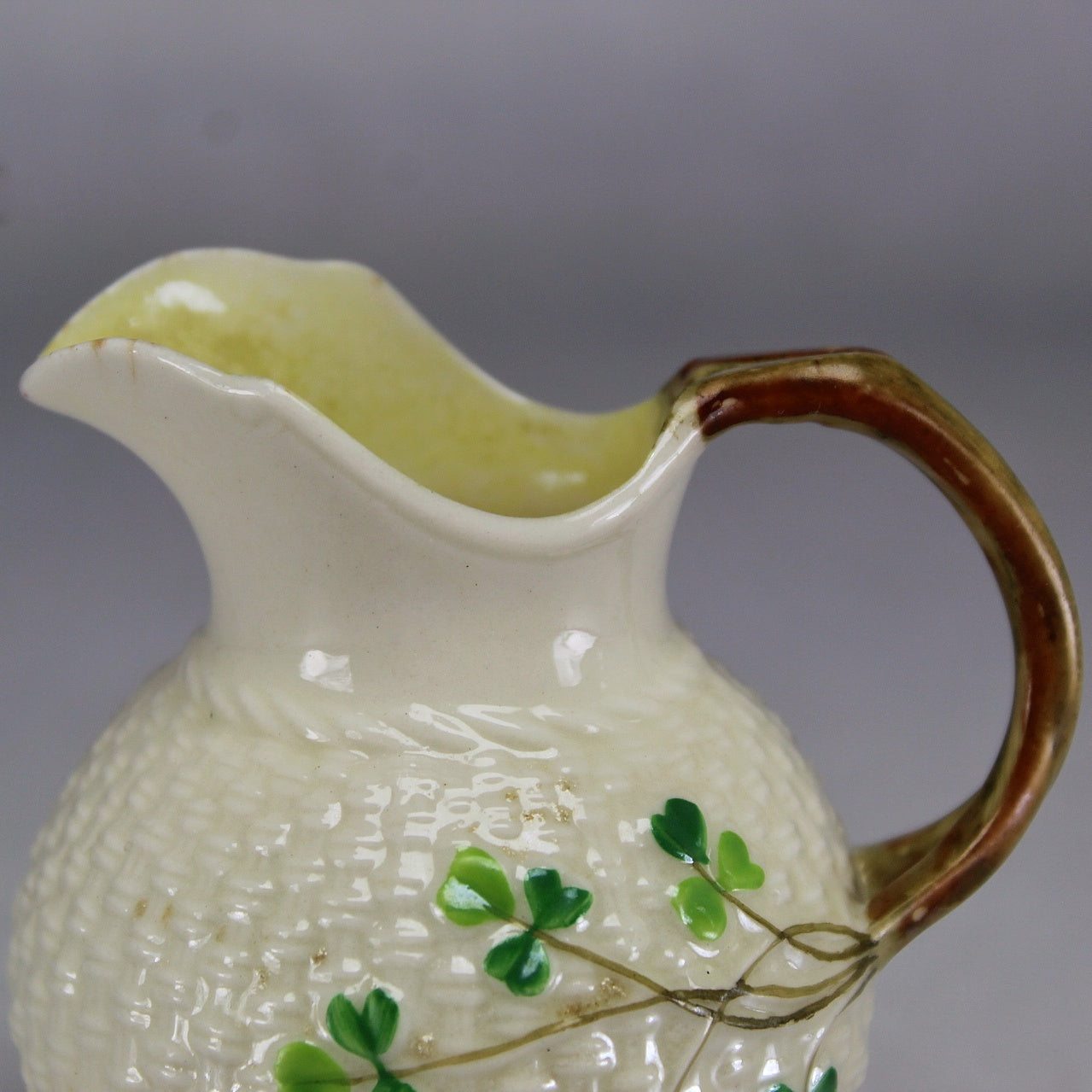 Belleek Ireland Cream Basket Weave Creamer with Green Shamrocks (Second Mark)
