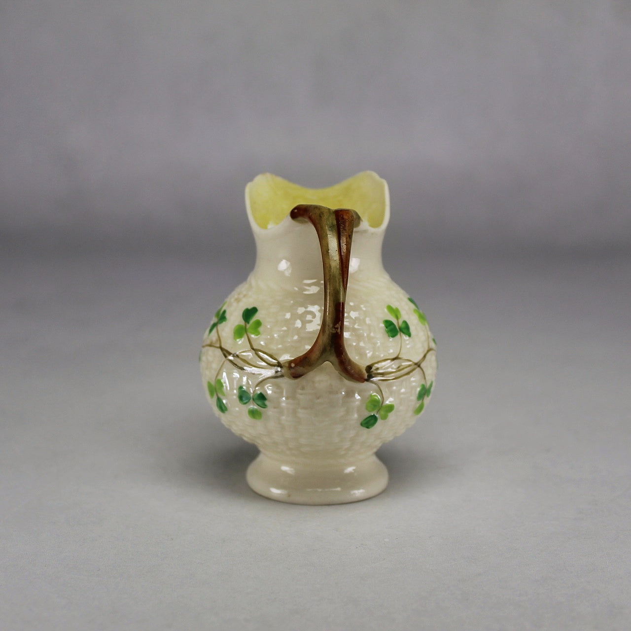 Belleek Ireland Cream Basket Weave Creamer with Green Shamrocks (Second Mark)