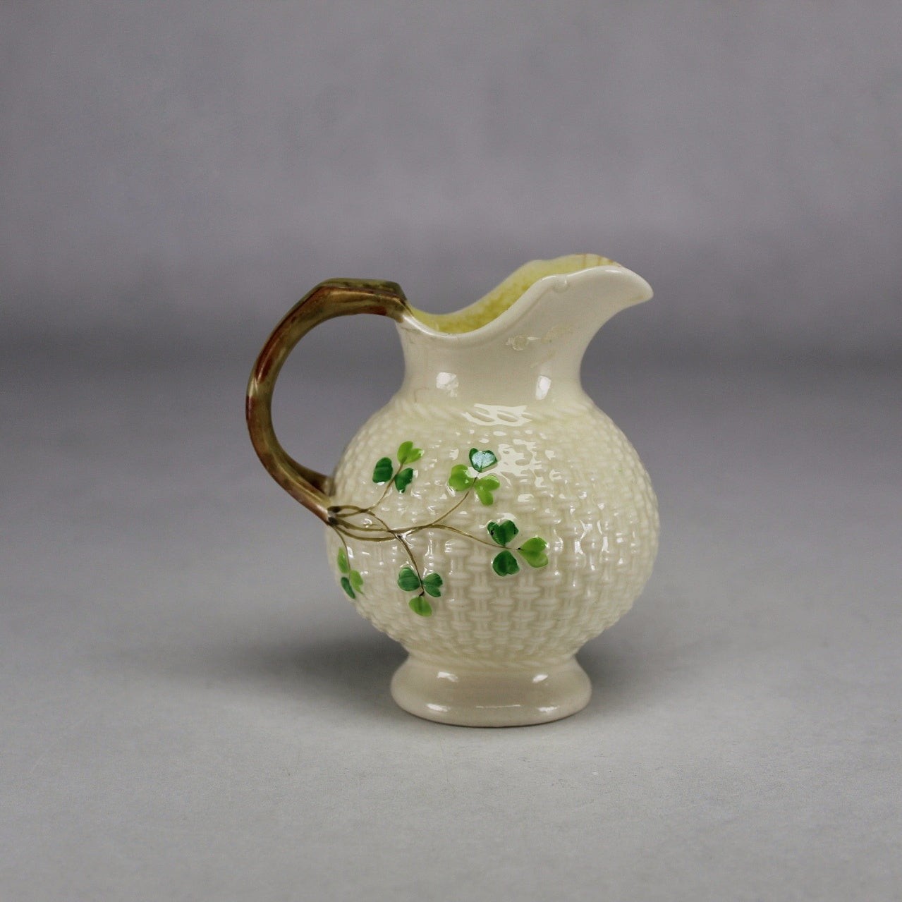 Belleek Ireland Cream Basket Weave Creamer with Green Shamrocks (Second Mark)