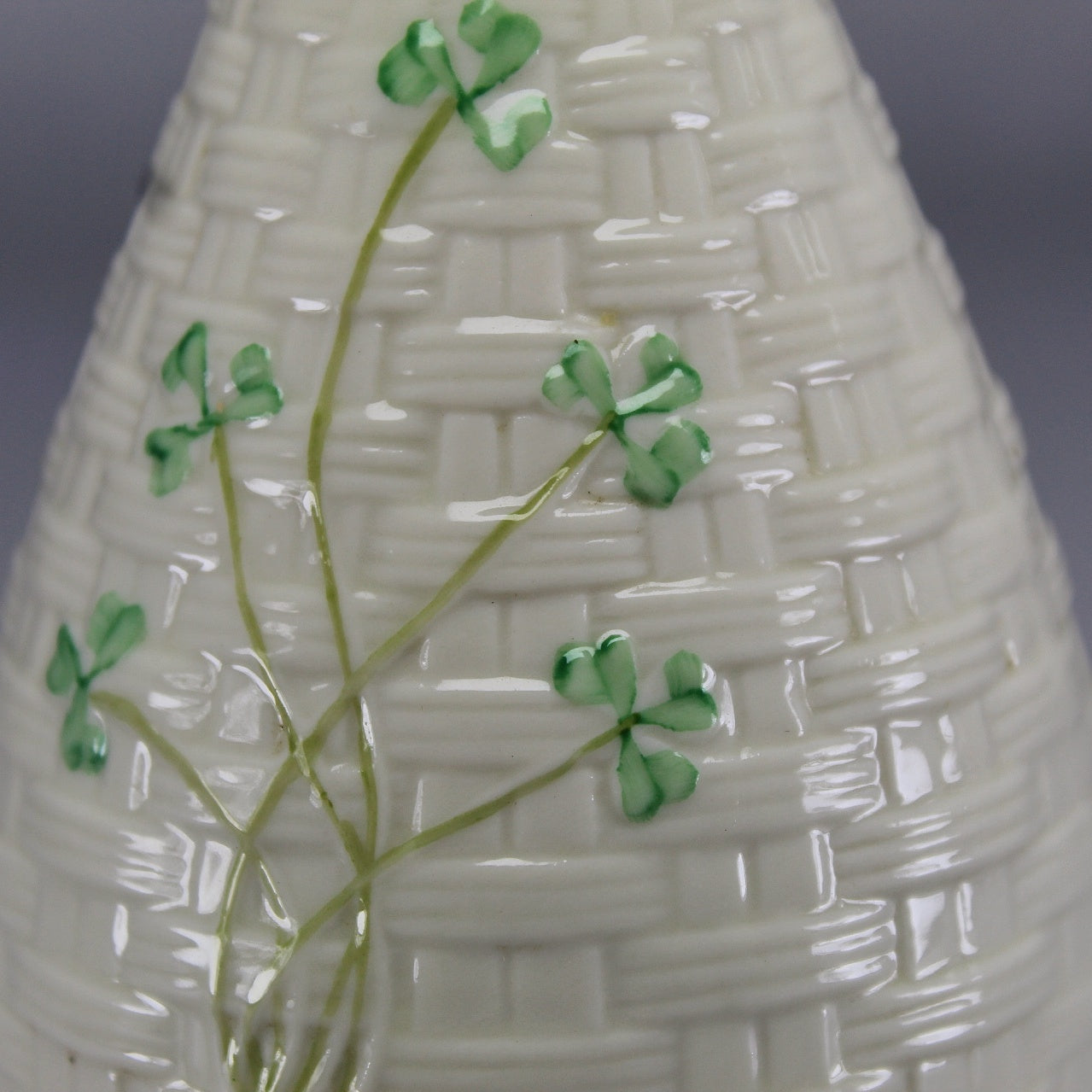 Belleek Ireland Cream Basket Weave Vase with Green Shamrocks and Fluted Neck