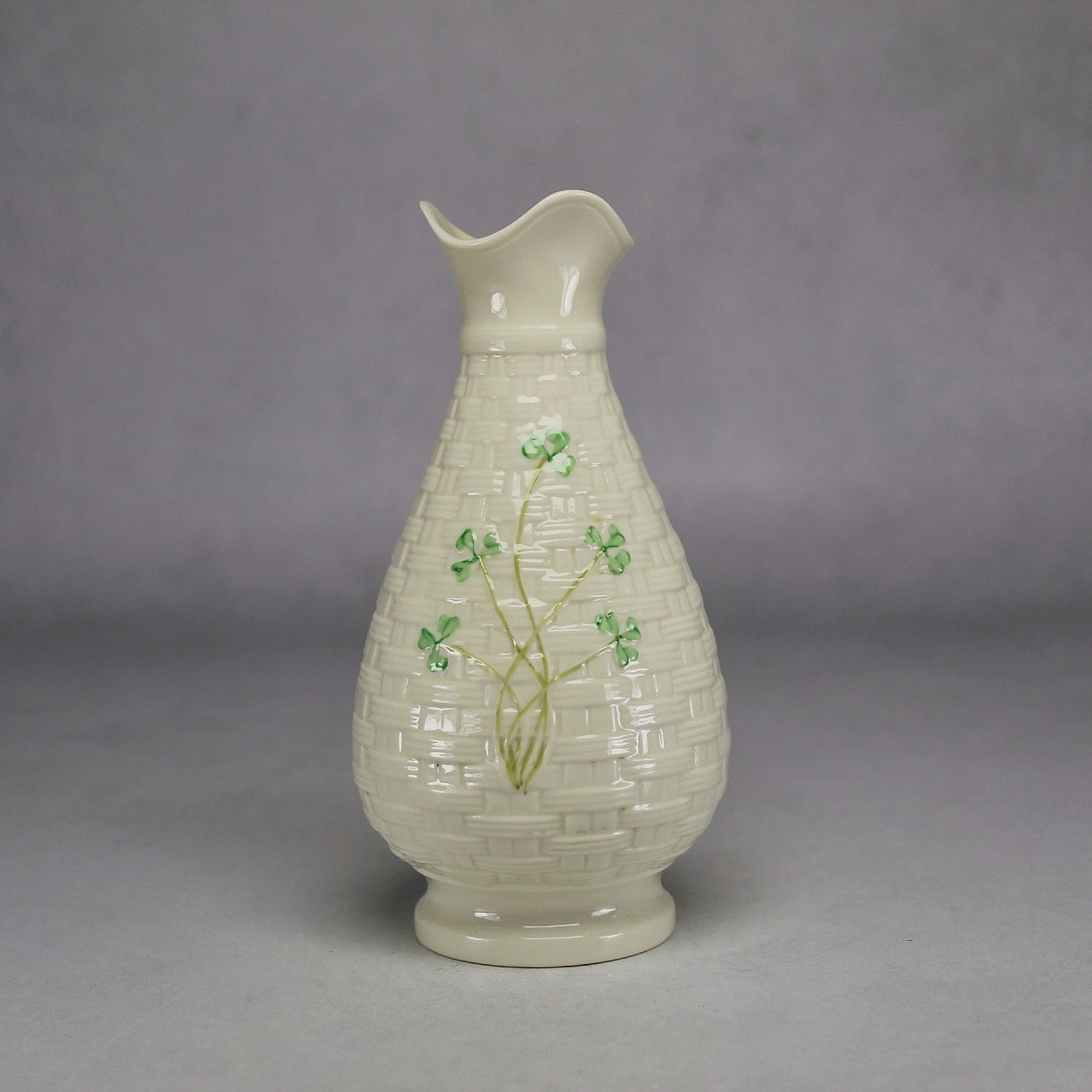Belleek Ireland Cream Basket Weave Vase with Green Shamrocks and Fluted Neck