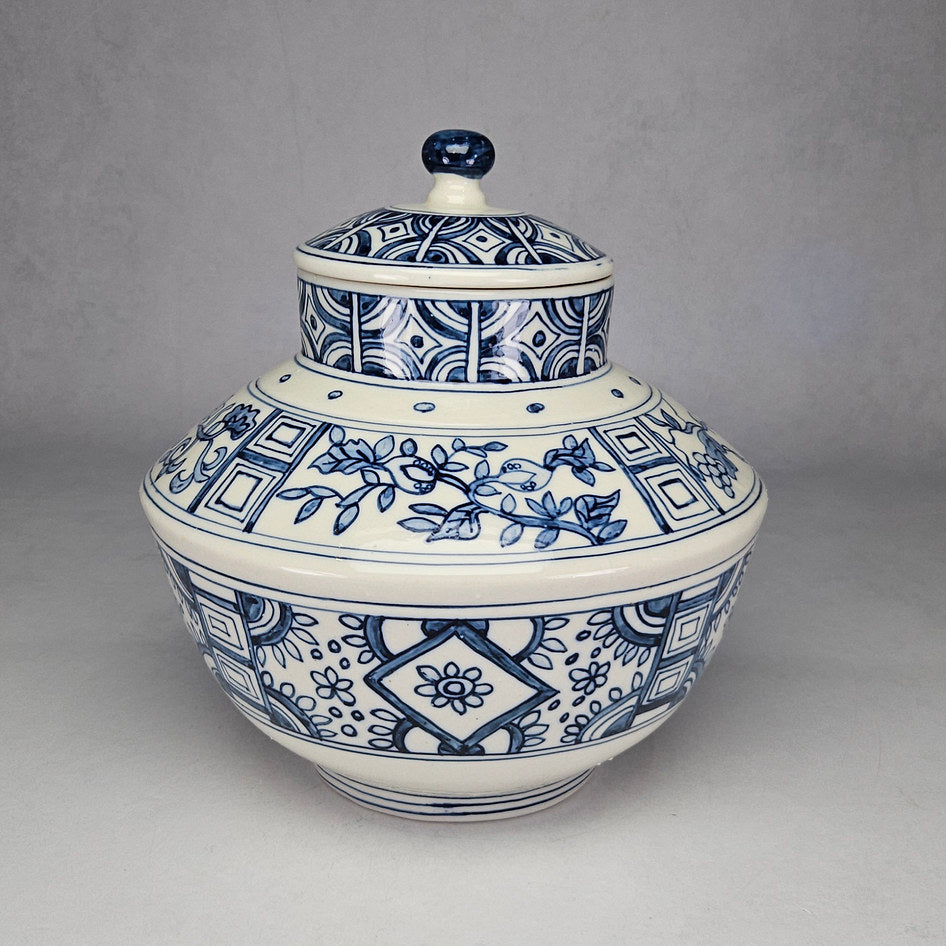 Blue and White Geometric Floral Lidded Ginger Jar
