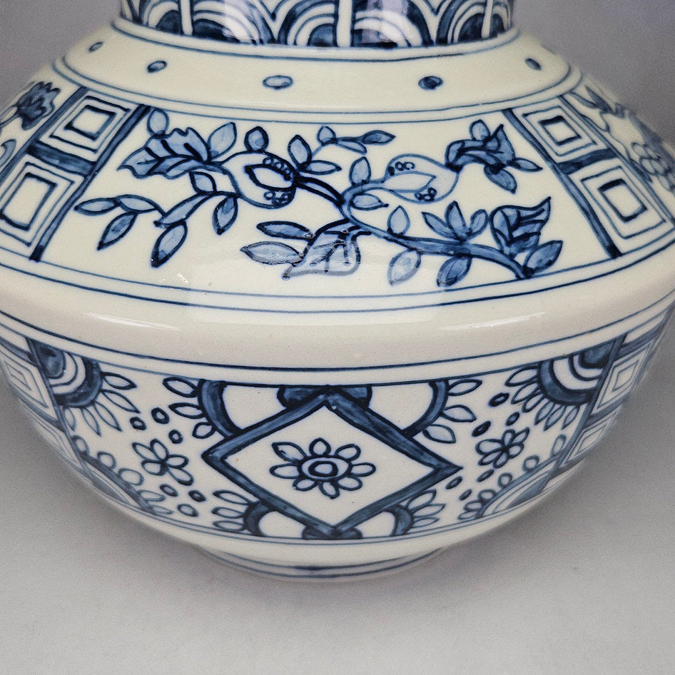 Blue and White Geometric Floral Lidded Ginger Jar
