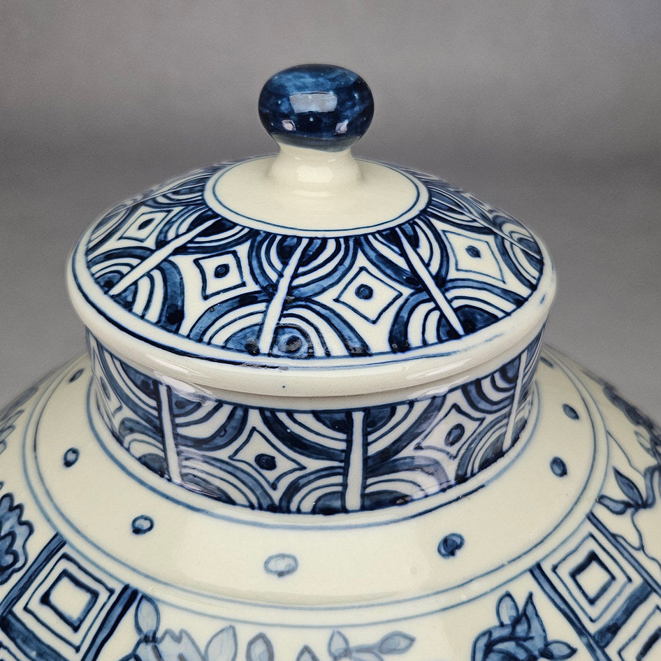 Blue and White Geometric Floral Lidded Ginger Jar