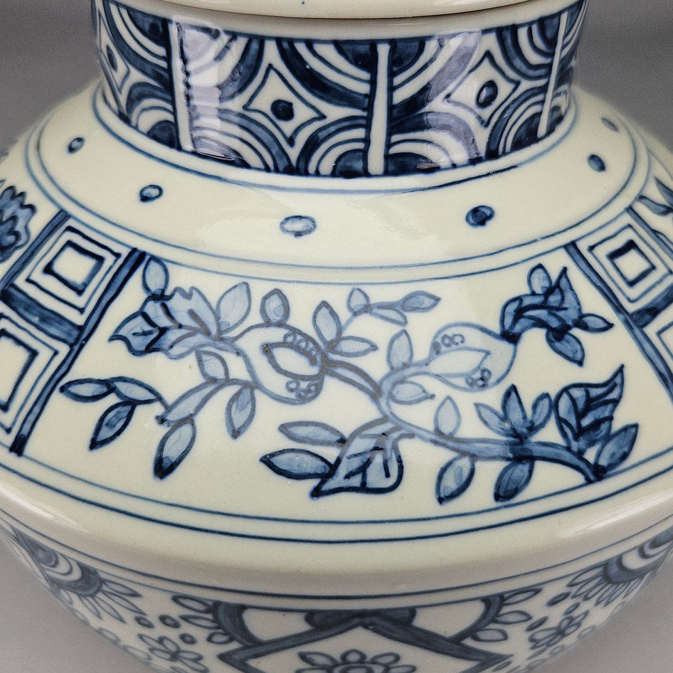 Blue and White Geometric Floral Lidded Ginger Jar