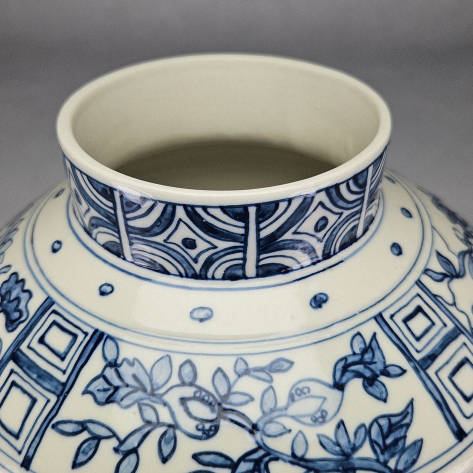 Blue and White Geometric Floral Lidded Ginger Jar