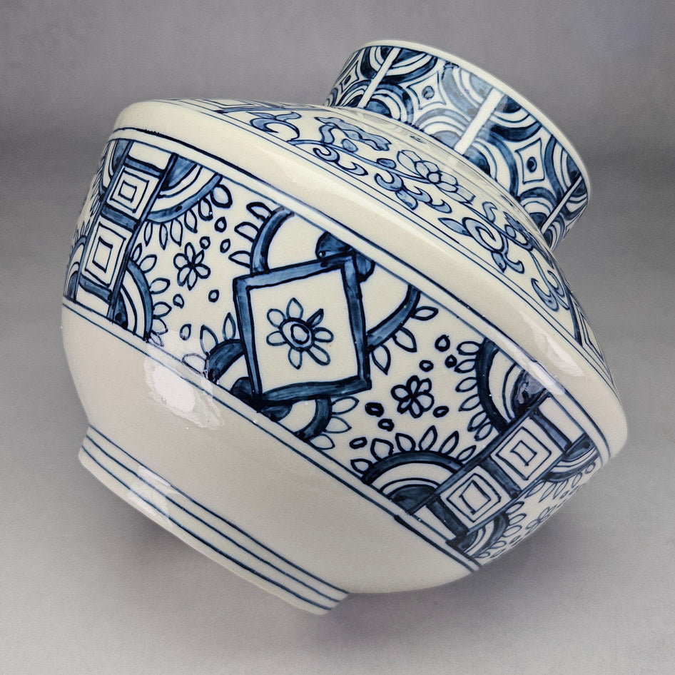 Blue and White Geometric Floral Lidded Ginger Jar