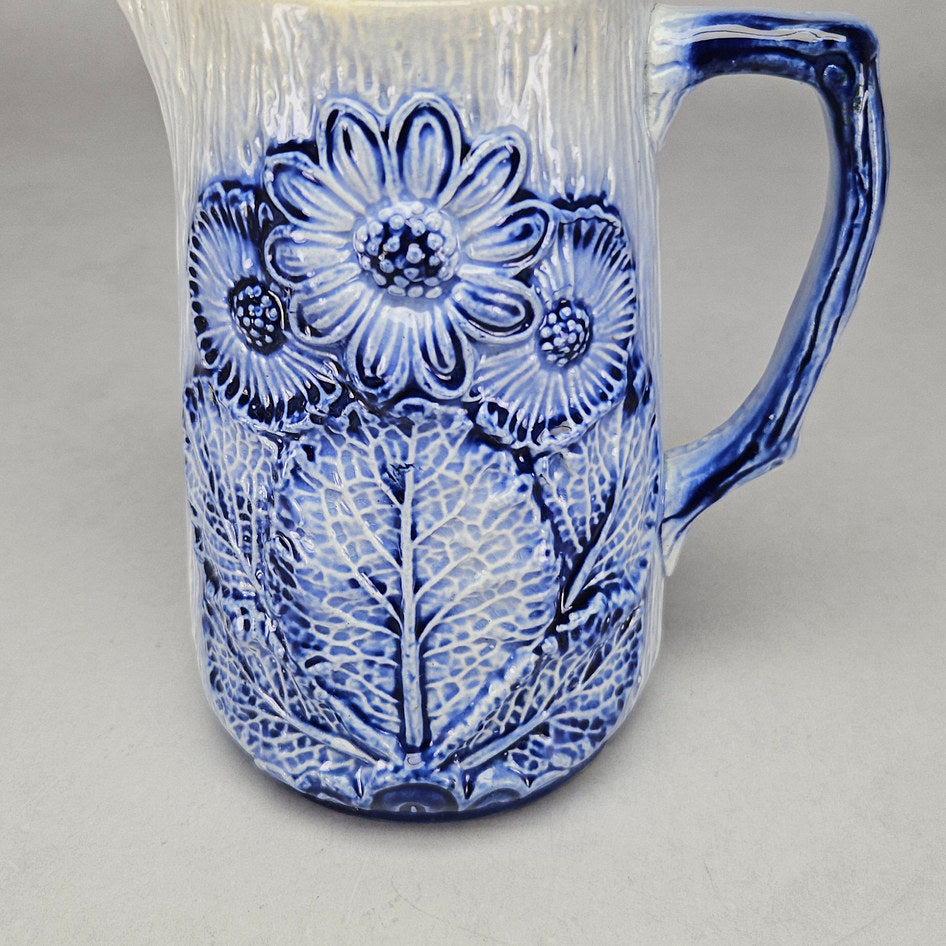 Blue and White Majolica-Style Relief Floral Ceramic Jug