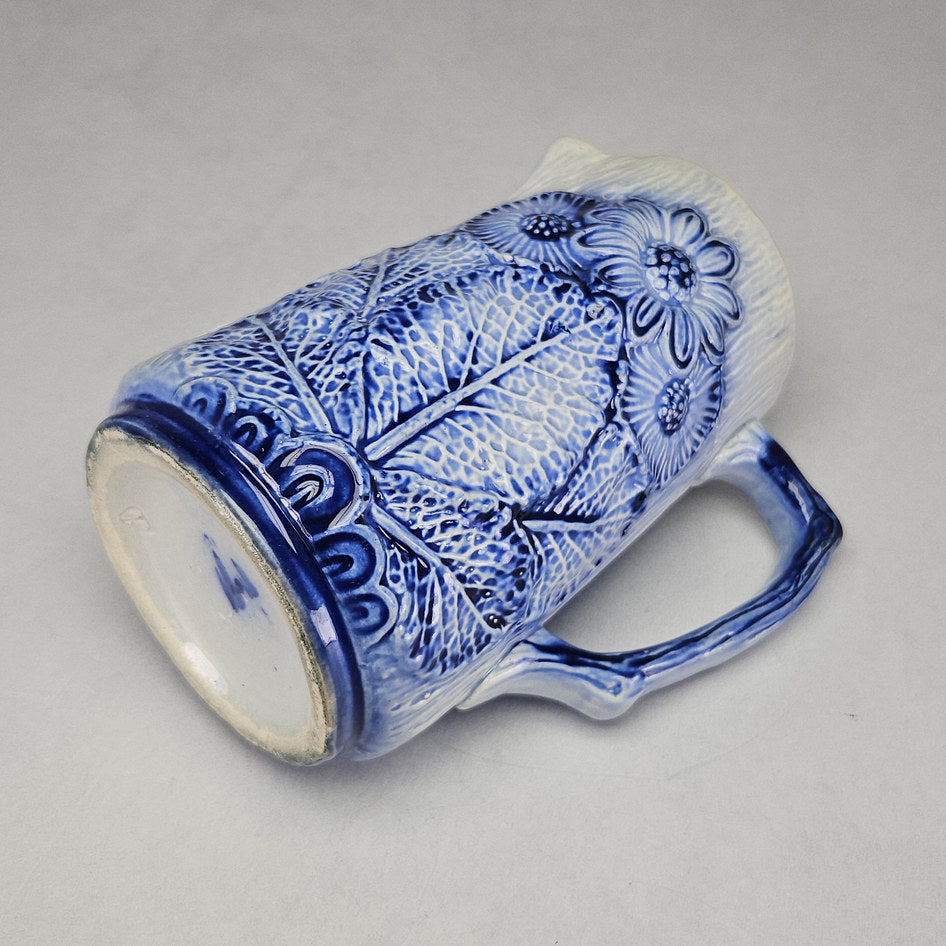 Blue and White Majolica-Style Relief Floral Ceramic Jug