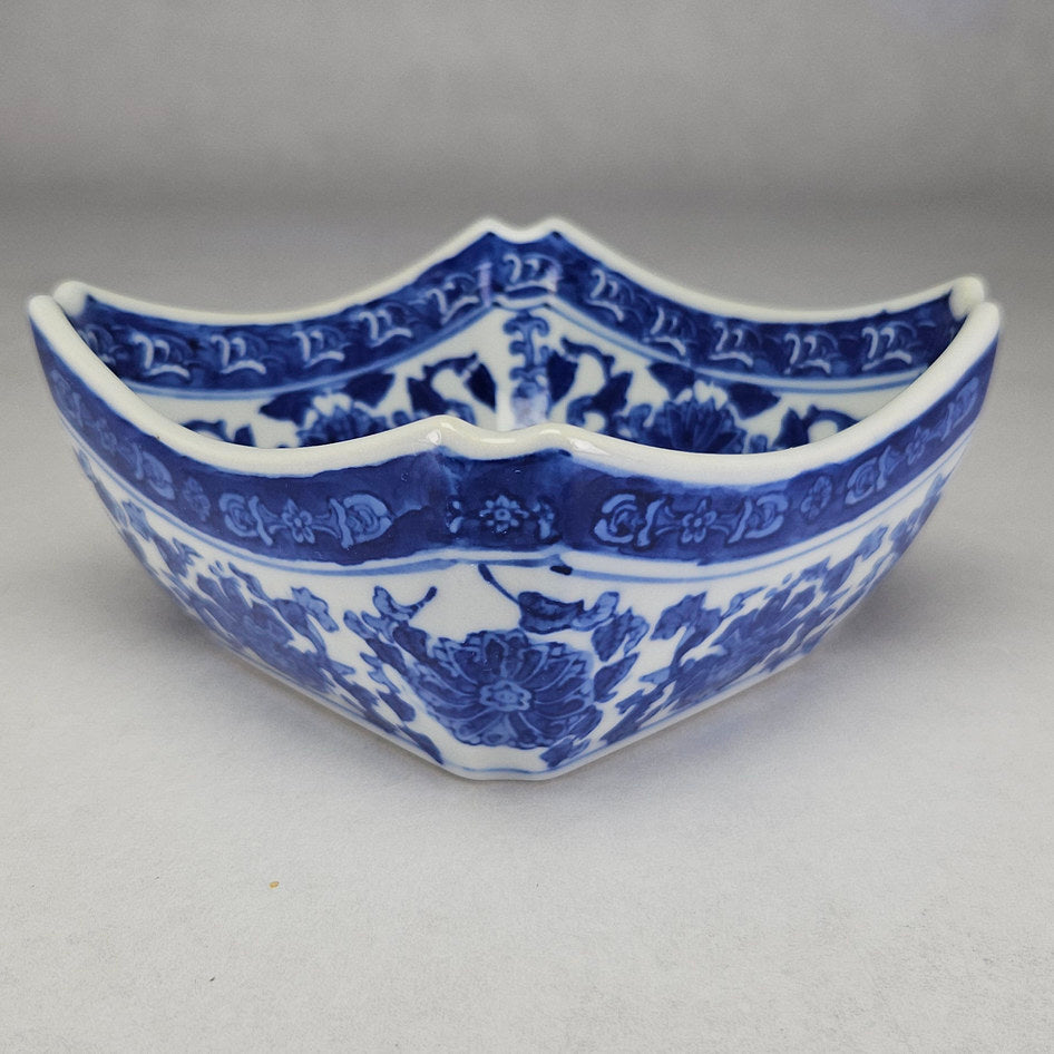 Blue and White Square Porcelain Bowl with Floral Scroll Decoration