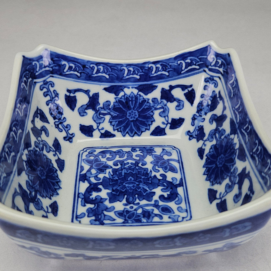 Blue and White Square Porcelain Bowl with Floral Scroll Decoration