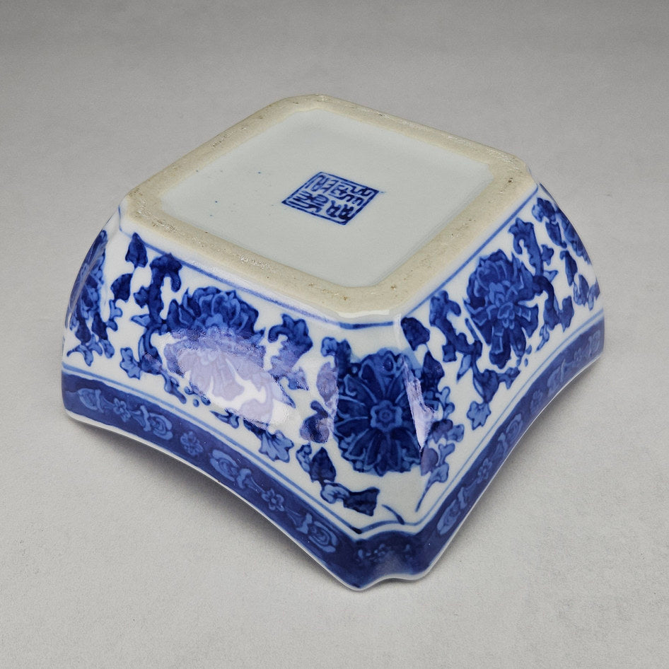 Blue and White Square Porcelain Bowl with Floral Scroll Decoration