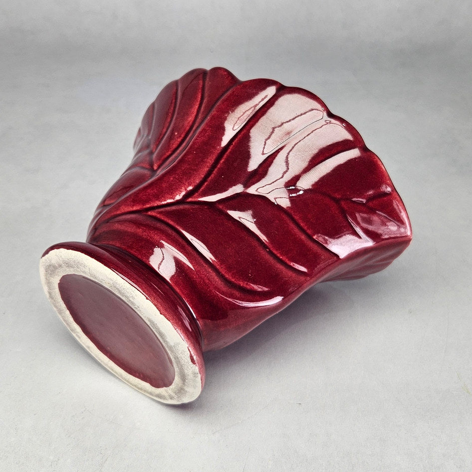 Burgundy leaf relief ceramic pedestal vase attributed to Drostdy Ware
