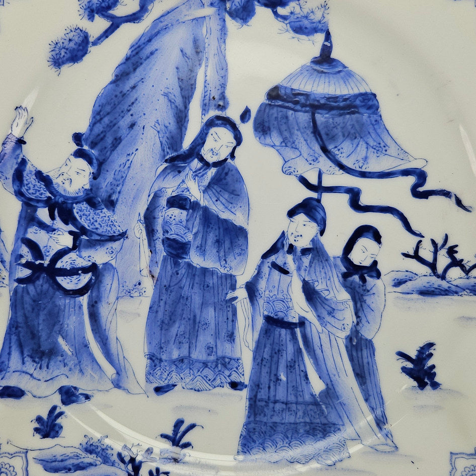 Chinese Export Blue and White Figural Landscape Plate with Chenghua Style Mark