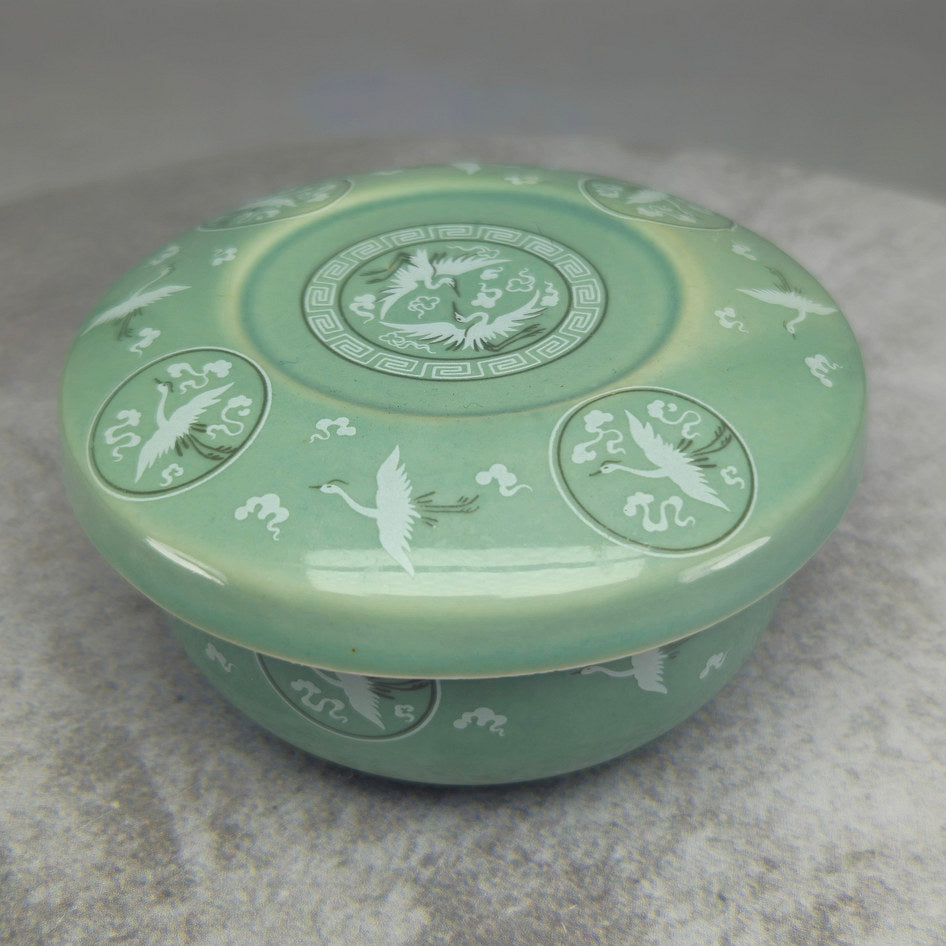 Chinese-Style Celadon Crane Motif Covered Bowl