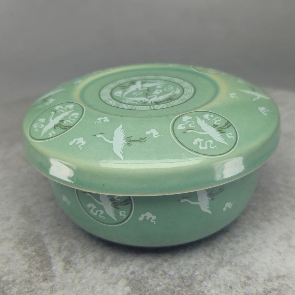 Chinese-Style Celadon Crane Motif Covered Bowl