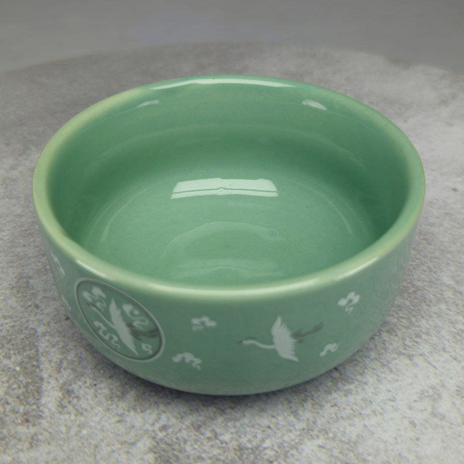 Chinese-Style Celadon Crane Motif Covered Bowl