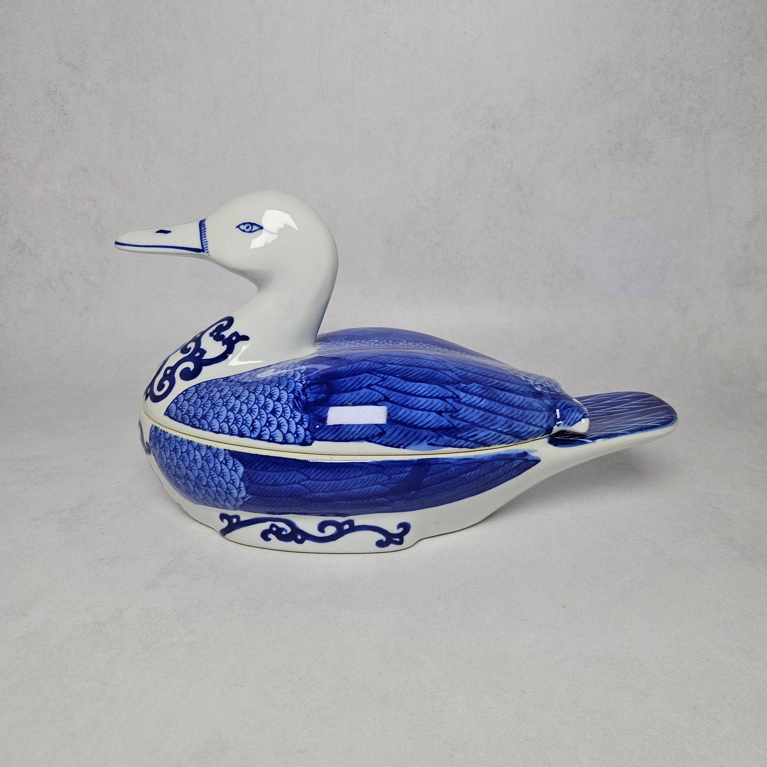 Cobalt Blue and White Ceramic Duck-Shaped Lidded Tureen
