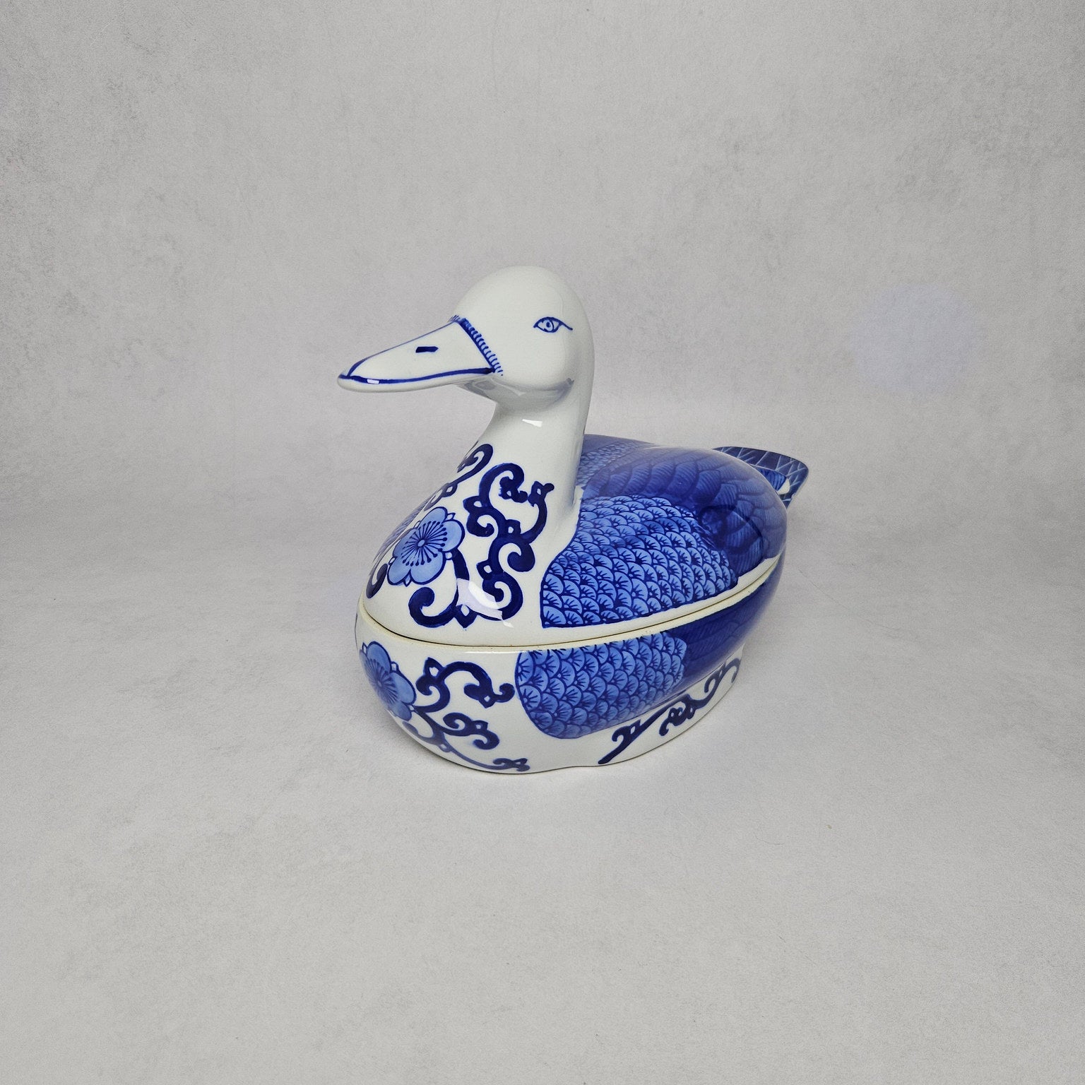 Cobalt Blue and White Ceramic Duck-Shaped Lidded Tureen